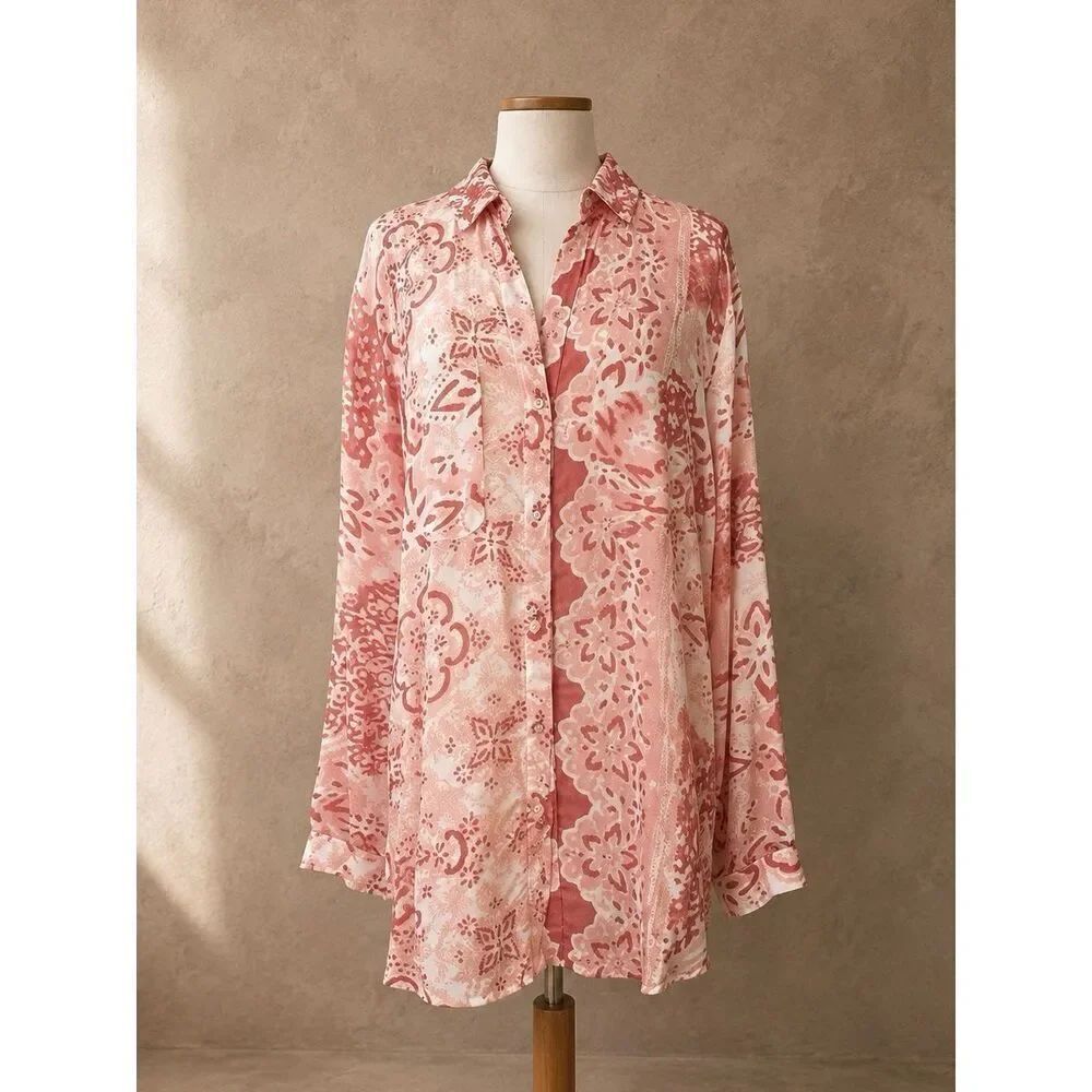 ANTHROPOLOGIE Sz M The Romy Relaxed Button Down Pilcro Red Shirt